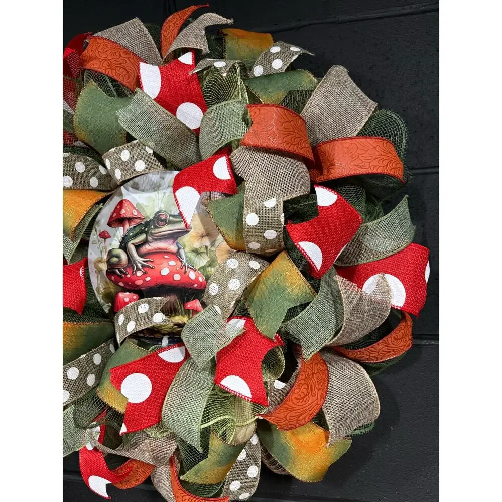 Mushroom Frog Wreath For Front Door Handmade 22 inch Deco Mesh